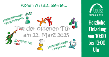 Einladung zum Tag der offenen Tür am 22. März 2025 von 10:00 bis 13:00 Uhr: Komm zu uns und werde Erzieher*in, Heilerziehungspfleger*in, Heilerziehunspflegehelfer*in.