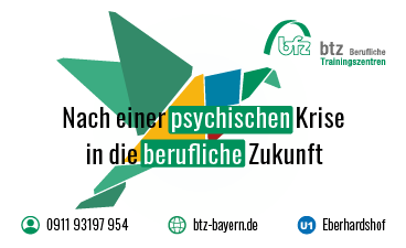 Logo für den U-Bahn-Spot der BTZ Mittelfranken: Scherben verbinden sich zu einem Vogel. Mit ausgebreiteten Flügeln hebt er ab. „Nach einer psychischen Krise in die berufliche Zukunft“, dieser Satz erscheint auf dem Bildschirm. Seit 1. Juni läuft der Clip auf den Bildschirmen in den Nürnberger U-Bahnen.