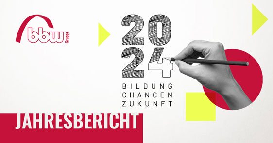 Cover des Jahresberichts 2024 der bbw-Gruppe: eine Hand zeichnet mit einem Stift die Jahreszahl